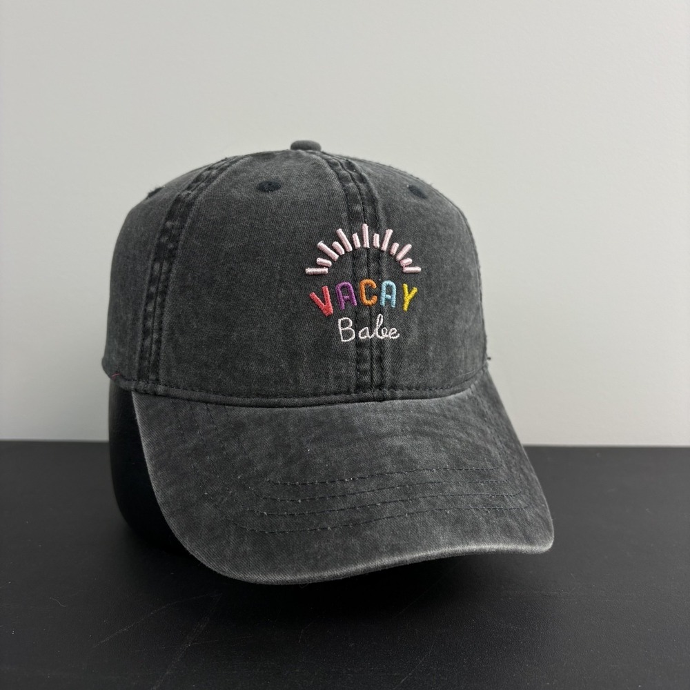 Washed Black Vacay Babe Mom Hat Charcoal Grey Embroidered Sun Beach Strapback Ca